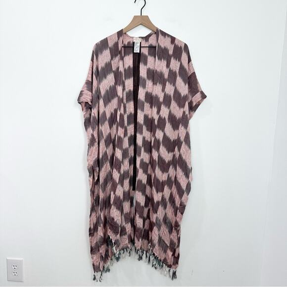 Free People Morning Glow Kimono Fringe Check Print One Size - Picture 3 of 7
